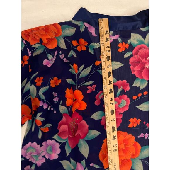 Victoria's Secret Kimono Robe Women's One Size Blue Satin Floral Gold Label VTG - Picture 11 of 12